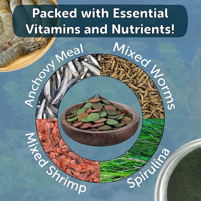 4-Type 12mm - 1/2" Sinking Wafer Mix of Spirulina-Algae, Ultra-Worm, Shrimp, Color Enhancing for Shrimp, Snails, Crayfish, Bottom Fish, 12-Type Pellets Included...1-lb 6oz Canister