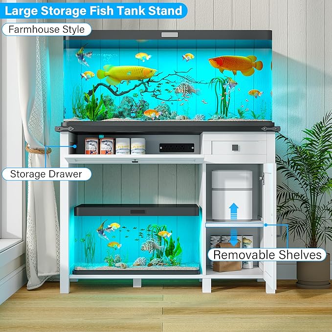 kepptory 40 Gallon Fish Tank Stand with Power Outlets, Farmhouse Decorative Aquarium Stand Furniture with Adjustable Shelves and Drawer, Reptile Turtle Tank Stand with Cabinet Storage (White, 30-40GL)