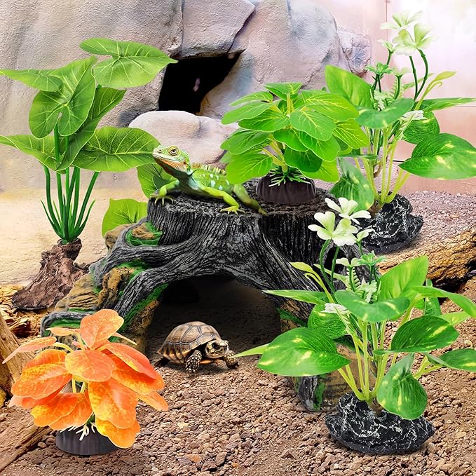 GOZILLA Fish Tank Plants, Reptile Artificial Plastic Plants, Reptile Plants for Terrarium, Aquarium Decorations Resin Pedestal Ornaments for Fish Tank Accessories Set.(5PCS/B-Set)