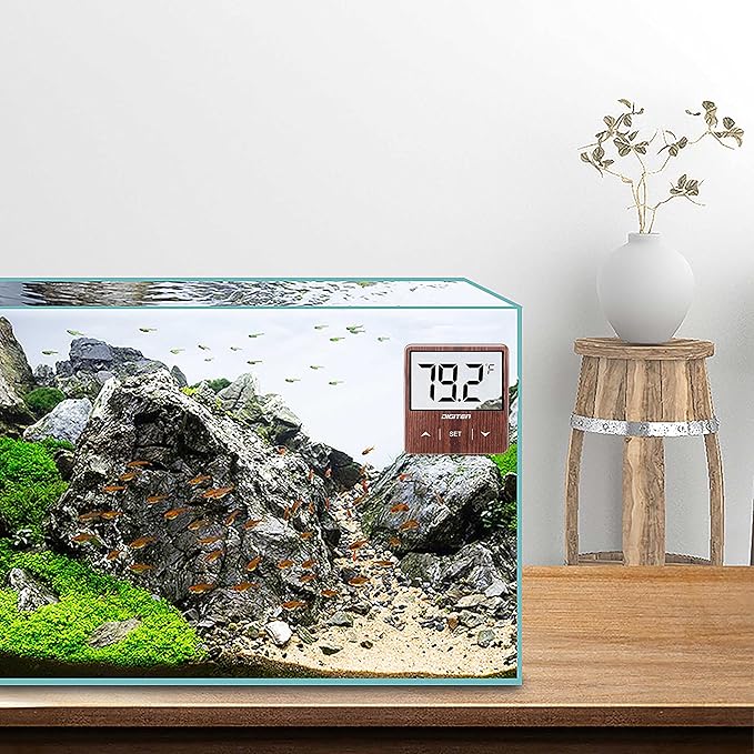 Digital Aquarium Thermometer, Fish Tank Thermometer with Large LCD Display, No Wires, Accurate Reading, Walnut Aquarium Thermometer