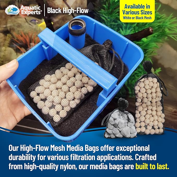 Aquatic Experts High Flow Filter Media Bag - Durable Filter Bags for Fish Tank, Secure Aquarium Media Bag with Drawstring, Media Bags for Aquarium and Pond, High Flow (Black), 3” x 8" – 4 Pack