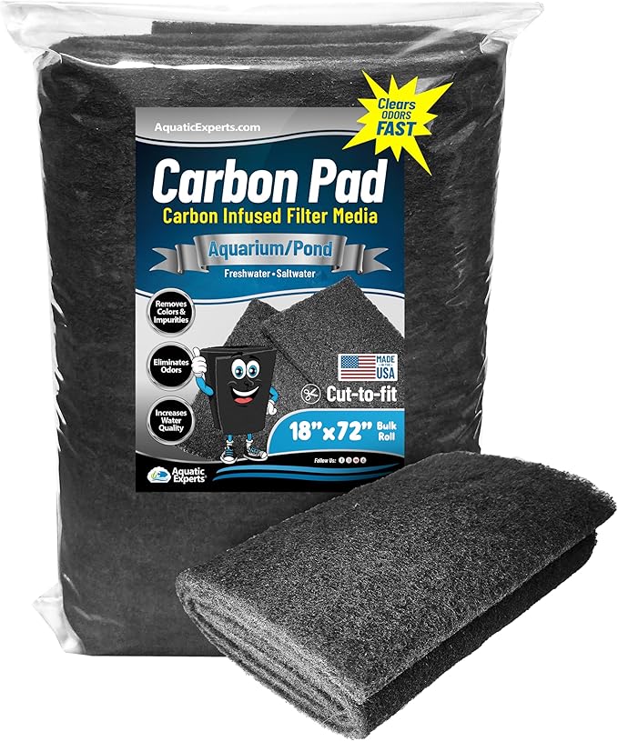 Aquarium Carbon Pad – Cut‑to‑Fit Carbon Infused Filter Pad Media for Crystal Clear Fish Tanks and Ponds, 3/8"–1/2" Thick (18 Inch Width, 72 Inch Long)