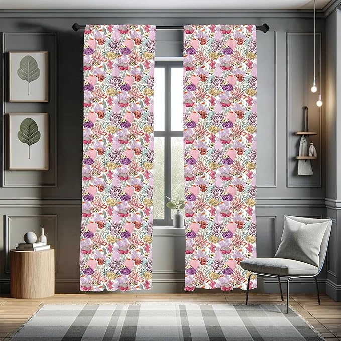 Lunarable Aquarium Curtains, Colorful Coral Reef Pattern with Exotic Fishes and Seashells Aquatic Ecosystem, Window Treatments 2 Panel Set for Living Room Bedroom, Pair of - 28" x 95", Pink Purple