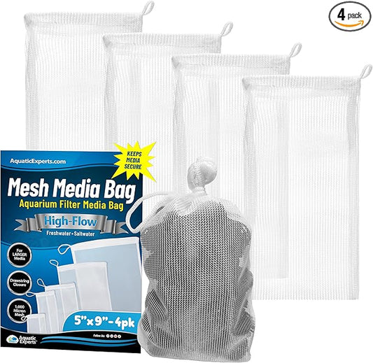 Aquatic Experts High Flow Filter Media Bag - Durable Filter Bags for Fish Tank, Secure Aquarium Media Bag with Drawstring, Media Bags for Aquarium and Pond, High Flow (White), 5" x 9" - 4 Pack