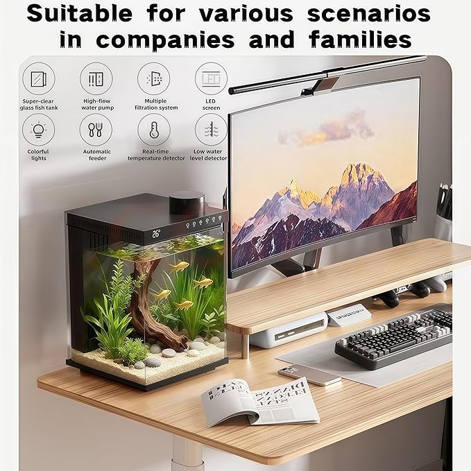 Fish Tank 4-Gallon Aquarium Set, Equipped with an Automatic Feeder, 8 Color Lighting Modes, an Automatic Three-in-one Silent Oxygen Pump, and a Temperature Display.