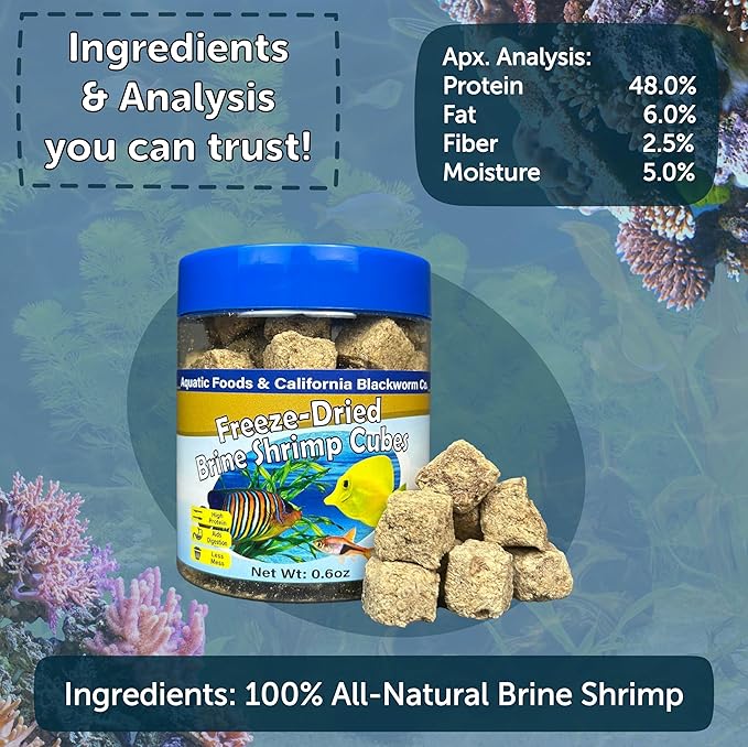 Brine Shrimp, Freeze Dried Floating Brine Cubes for Cichlids, Discus, Tetras, Goldfish, Bettas, Angels, Marines, All Tropical Fish, Aquatic Turtles 0.6oz Canister