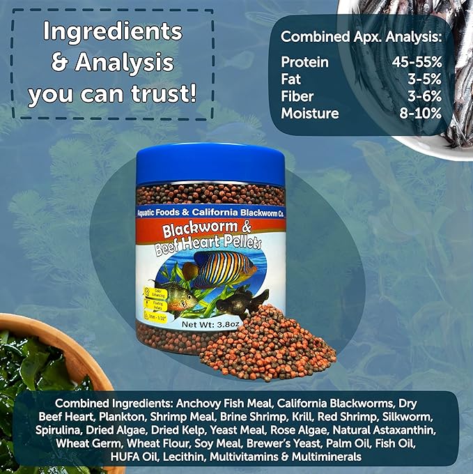 1mm -1/32" California Blackworm & Beef Heart Floating Pellets for Marines, Cichlids, Tropical Fish, Koi & Pond Fish, 4-Type Wafer & 12-Type Pellet Mix Included...1-lb Canister