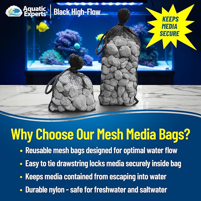 Aquatic Experts High Flow Filter Media Bag - Durable Filter Bags for Fish Tank, Secure Aquarium Media Bag with Drawstring, Media Bags for Aquarium and Pond, High Flow (Black), 3” x 8" – 4 Pack