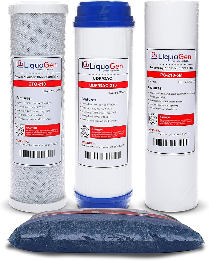 LiquaGen Replacement Set for 7 Aquarium Reef Reverse Osmosis Water Filter System | Sediment/Carbon/GAC/ 2 Pounds Color Changing DI