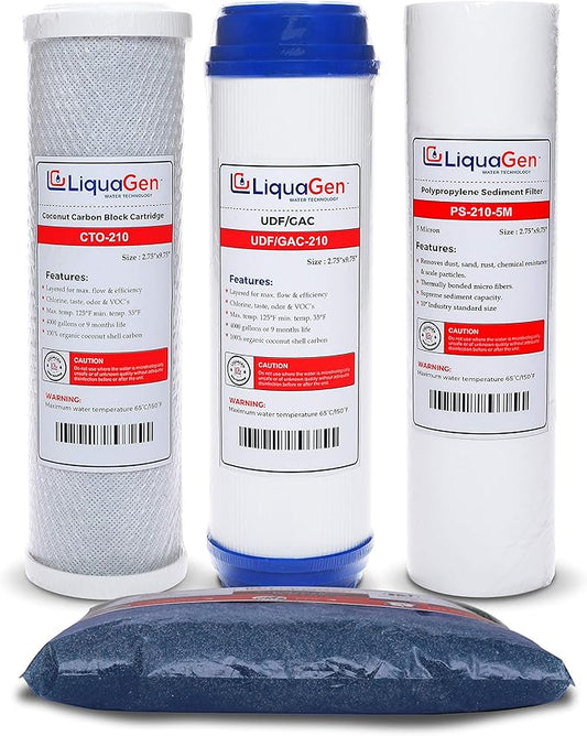 LiquaGen Replacement Set for 7 Aquarium Reef Reverse Osmosis Water Filter System | Sediment/Carbon/GAC/ 2 Pounds Color Changing DI