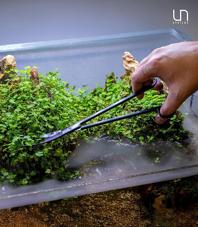 UNS Aquascaping Tools - Stainless Steel, Rust Resistant, Freshwater Planted Tank, Saltwater Reef Aquarium Maintenance Accessory - Trimming Stems & Carpets, Coral Cutting - Curved Scissors, Black