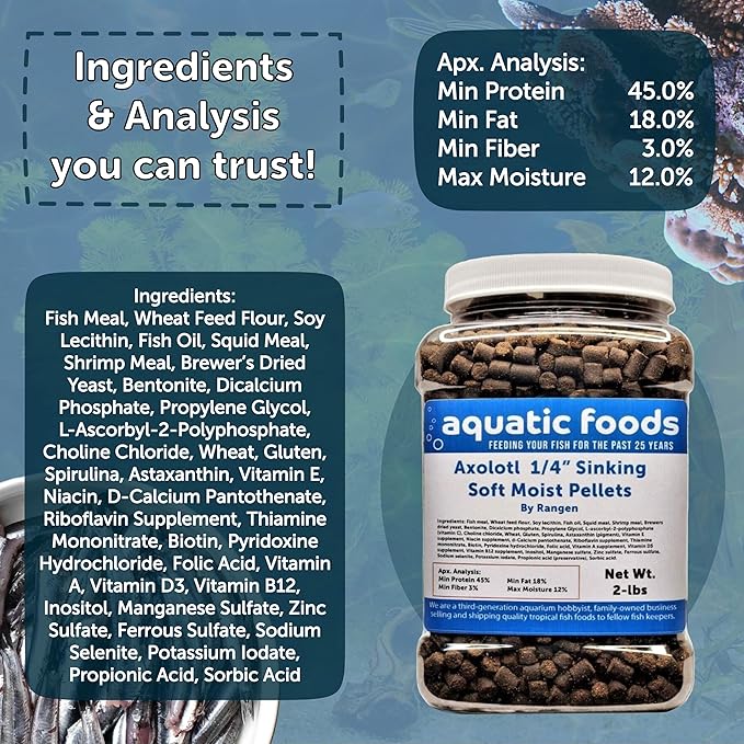Axolotl Food 1/4" Soft Moist Sinking Salmon Pellets for Adult Axolotl Also Shrimp, Snails, Crabs, Crayfish, Bottom Tropical Fish...12oz Small Jar