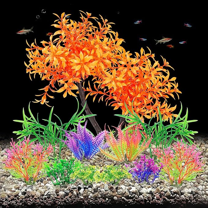 AQUANEAT Artificial Aquarium Plants, Fish Tank Orange Tree Decoration Set, Plastic Accessories, 11pcs