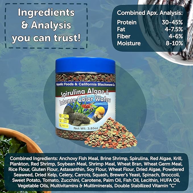 3.5mm - 1/8" Sinking Wafers of Spirulina, Algae & Color Enhancing Wafers for Bottom Fish, Shrimp, Snails, Tropicals. 4-Type Wafer & 12-Type Pellets Included...1-lb 6oz Canister