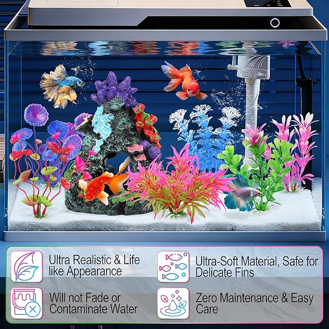 MyLifeUNIT Fish Tank Plants, 7 Pieces Colorful Aquarium Plants and Coral Reef Set for Fish Tank Decoration, Mountain Cave Ornament for Betta, Goldfish to Breed, Play and Rest