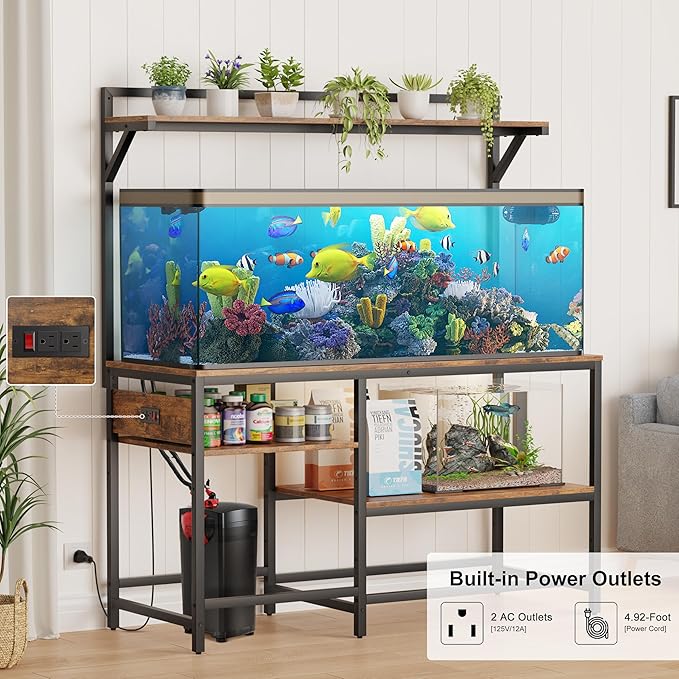 55 Gallon Fish Tank Stand, Aquarium Stand with Power Outlet, Heavy-Duty Reptile Terrarium Stand Table with Top Shelf for 55 Gallon Standard Long-Type Model, 52" L x 19.6" W x 29.9" H(Brown)