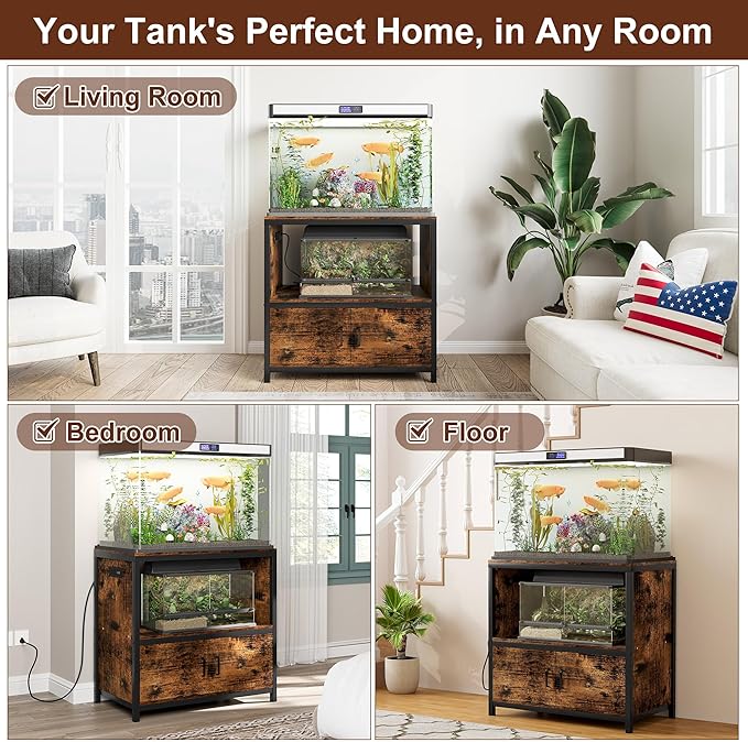 TQVAI 50-75 Gallon Fish Tank Stand with Power Outlets, Heavy Duty Aquarium Stand with Cabinet Storage Fish Tank Accessories, Large Reptile Terrarium Tank Stand, Black/Vintage