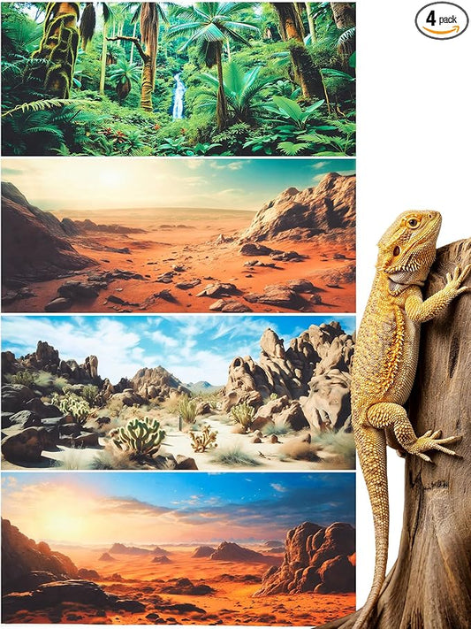 Breling 4 Pcs 36 x 18 Inch Reptile Habitat Background with Nano Glue Gobi Sun Cactus Stone and Green Tree Fern Stream Bearded Dragon Terrarium Background Polyester Durable Aquarium Accessories