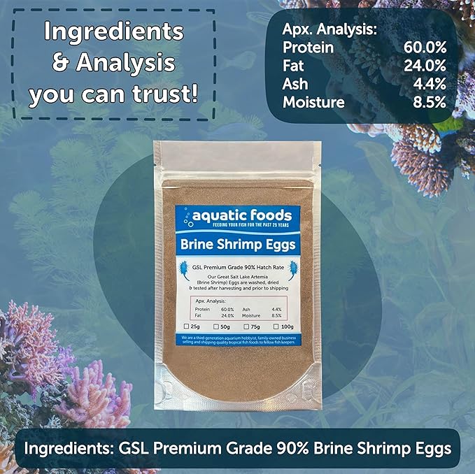 Brine Shrimp Eggs Premium Grade 90% Hatch Rate, Great Salt Lake Artemia Brine Shrimp Eggs. - 25 Grams - .88oz
