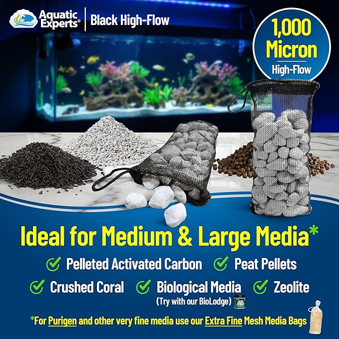 Aquatic Experts High Flow Filter Media Bag - Durable Filter Bags for Fish Tank, Secure Aquarium Media Bag with Drawstring, Media Bags for Aquarium and Pond, High Flow (Black), 3” x 8" – 4 Pack