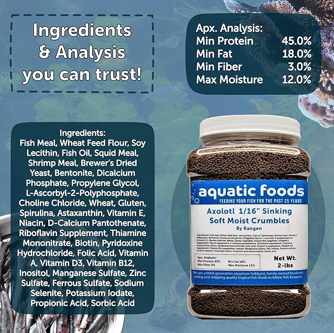 Axolotl Food 1/16" Soft Moist Sinking Salmon Crumbles for Baby Axolotl Also Shrimp, Snails, Crabs, Crayfish, Bottom Tropical Fish..5-lb Lg Jar