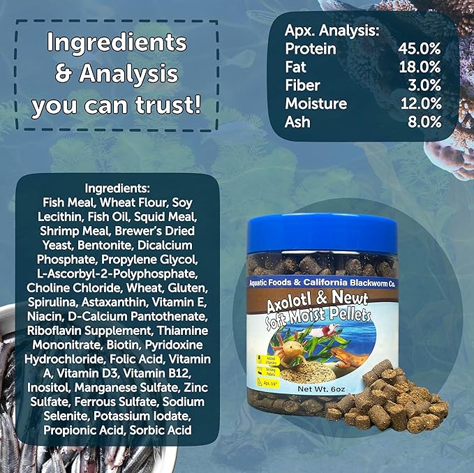 Axolotl Pellet Food 1/4" Soft Moist Sinking Pellets for Juvenile Axolotl Also Shrimp, Snails, Crayfish, Bottom Tropical Fish, Blackworm Pellets Included 6oz Canister