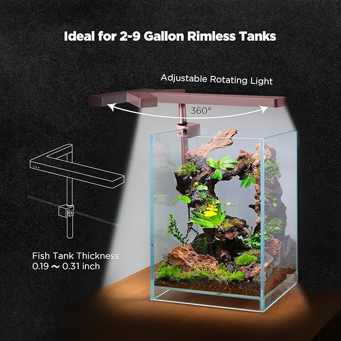 ONF Flat Nano 15W Full Spectrum Aquarium Light, 4 Level Dimmable Plant Light, IP54 Waterproof Freshwater Use Only, Suitable for 2-9 Gallon Rimless Fish Tanks, Terrariums, & Potted Plants, Rose Gold
