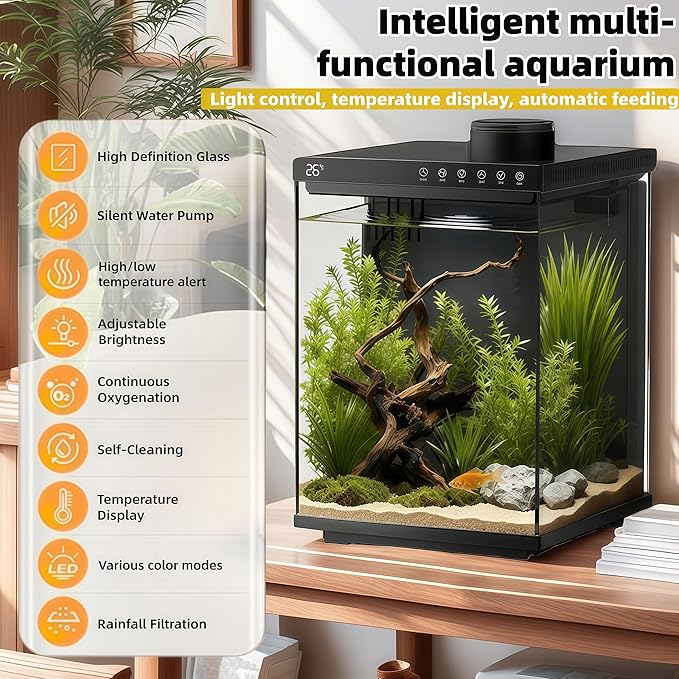 Fish Tank 4-Gallon Aquarium Set, Equipped with an Automatic Feeder, 8 Color Lighting Modes, an Automatic Three-in-one Silent Oxygen Pump, and a Temperature Display.