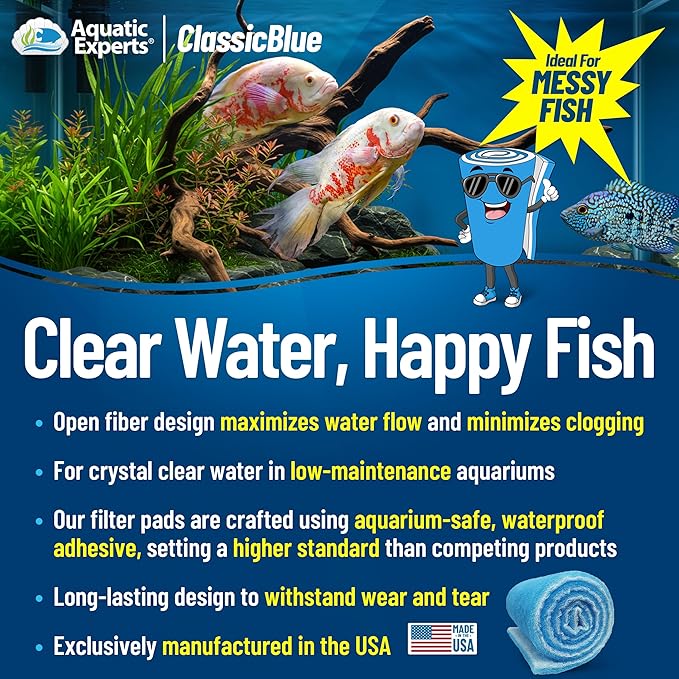 Aquatic Experts Classic Bonded Aquarium Filter Pad -18 Inches by 72 Inches by .75 Inch - Blue and White Aquarium Filter Media Roll Bulk Can Be Cut to Fit Most Filters, Made in USA (18" x 72")