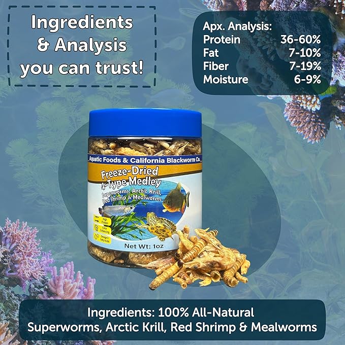 4-Type Medley Mix of Freeze Dried Superworms, Krill, Red Shrimp, Mealworms for Monster Fish, Reptiles, Turtles, Tortoises, Frogs, Hamsters, Birds, Rodents 1oz Canister