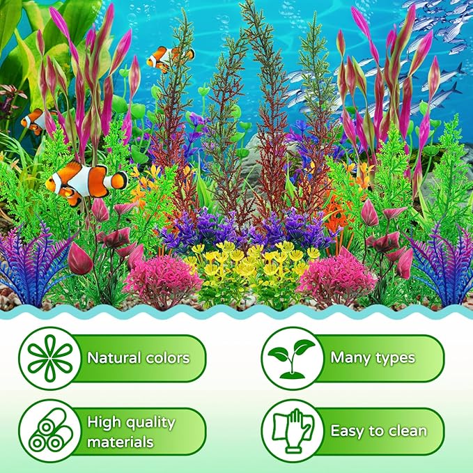 QUOZUO 25pcs Colorful Aquarium Artificial Plastic Plants Decoration, Grass Aquarium Decor Set, Fish Tank Decorations Hides Accessories