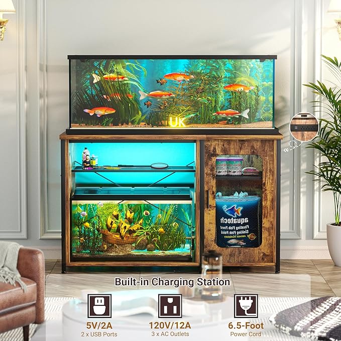Unikito 55-75 Gallon Aquarium Stand with Power Outlets & LED Light, Reversible Fish Tank Stand with Cabinet for Fish Tank Accessories Storage, Heavy Duty Metal Frame, 880LBS Capacity, Rustic Brown