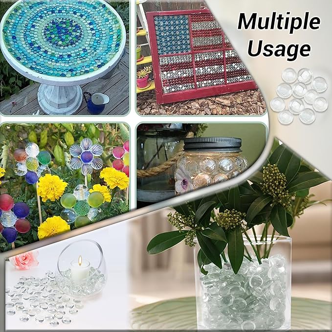 ARSUK Clear Flat Glass Pebbles, (5 LBS) Marbles for Vases, Glass Marbles, 400 Pcs Vase Fillers, Table Scatter for Weddings, Aquarium Stones, Candle Holders, Crafts, Glass Beads for Vases, (0.7-0.8")