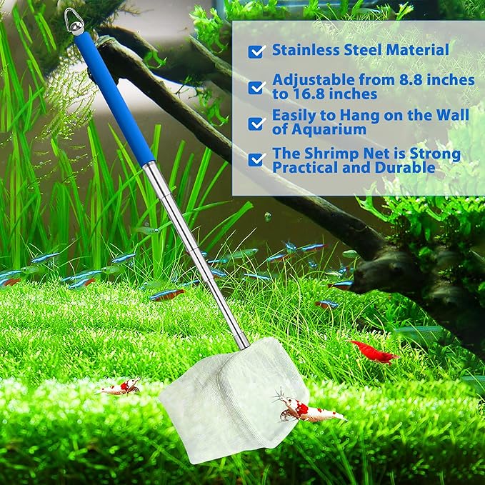Fish Tank Shrimp Net, 4 Pcs Telescopic Aquarium Net Fish Skimming Net Fish Tank Aquarium Accessories Net Fish Goldfish Net Net with Extendable Stainless Steel Handle, Black Blue