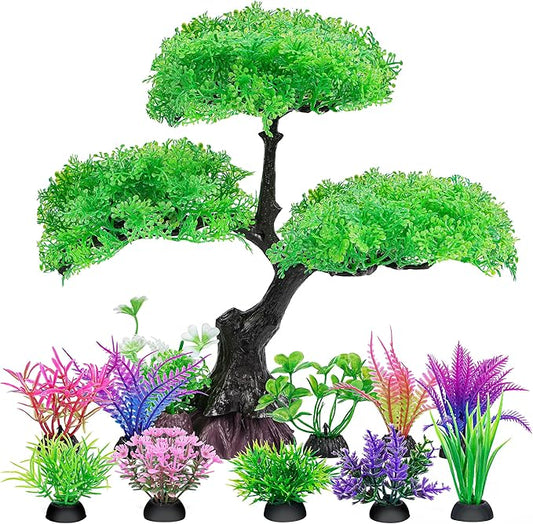 Ameliade Aquarium Artificial Plastic Plants Decoration, Aquarium Tree Decor Set, Goldfish Betta Fish Tank Decorations Hides Accessories (Green)