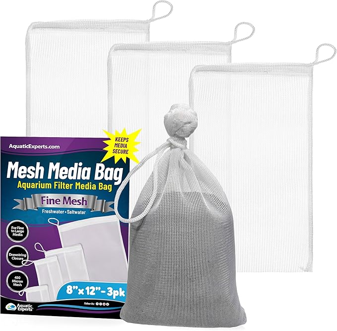 Aquatic Experts Fine Aquarium Media Bag, Durable Drawstring Bags for Fish Tank Filters, 450 Micron Mesh, (Fine, 8" x 12" - 3 Pack)
