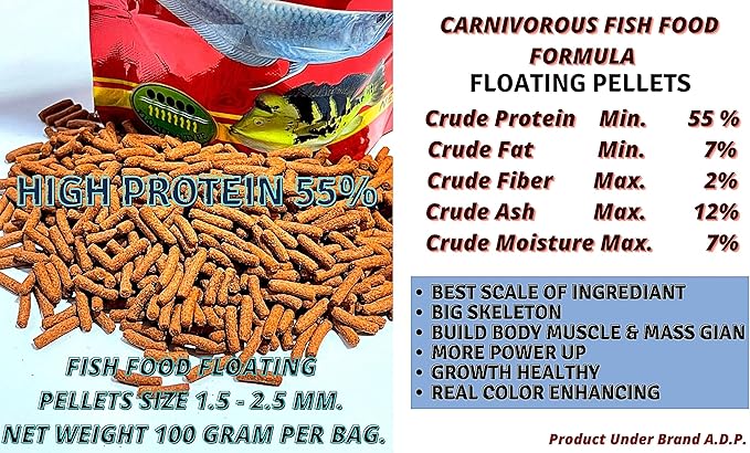 Carnivorous Arowana Fish Food High Protein 55% Tropical Fish Oscar & Pleco Catfish Fish Feed Floating Pellet 100 g. Astaxanthin Color Enhancing Nutritious for Growth Fast, BUILD BODY MUSCLE & SKELETON