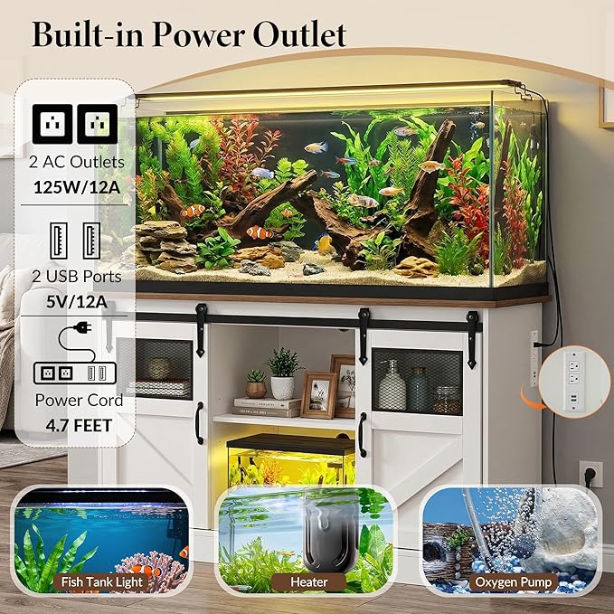 TITIMO 55-75 Gallon Fish Tank Stand with Power Outlet, Heavy Duty Large Aquarium Stand with Sliding Barn Door and Cabinet Storage for 2 Fish Tank Turtle Tank Reptile Terrarium, 1300LBS Capacity(White)