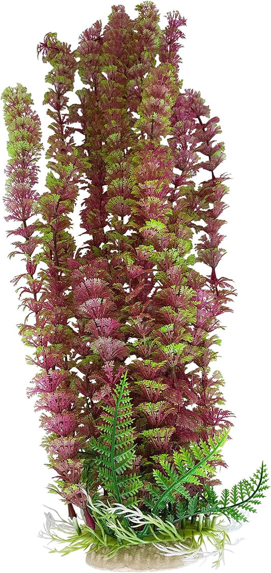 Green & Burgundy 16 Inch (41-43cm) Tall Plastic Aquarium Plant with Base, Fish Tank Foliage Ornament | Tall Plastic Seaweed Aquascaping Decoration