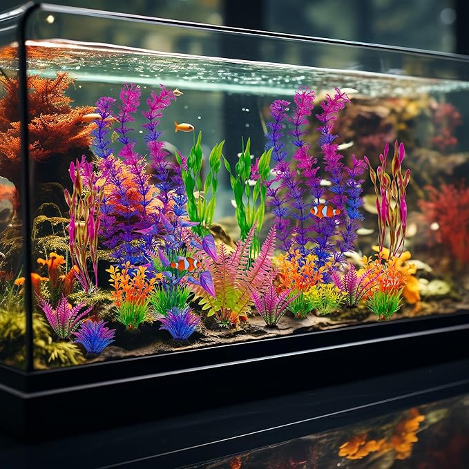 Ameliade 25pcs Fish Tank Artificial Plastic Plants Decorations Large Aquarium Decor Betta Goldfish Tank Accessories Fish Bowl Ornaments (Colorful)