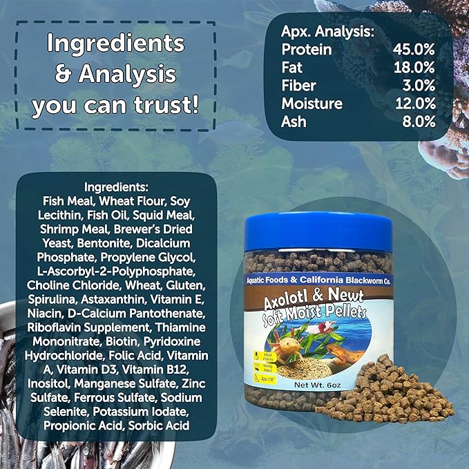 Axolotl Pellet Food 1/8" Soft Moist Sinking Pellets for Juvenile Axolotl Also Shrimp, Snails, Crayfish, Bottom Tropical Fish, Blackworm Pellets Included 6oz Canister