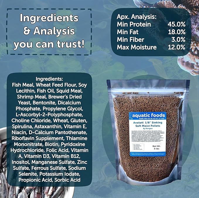 Axolotl Food, 1/8" Soft Moist Sinking Pellets, Rangen's Salmon Sinking Pellets for Small Axolotl. Also Shrimp, Snails, Crabs, Crayfish, Plecos, Catfish, All Tropical Fish...3-lb Bag