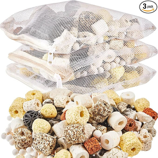 Timgle 3 Bags Aquarium Filter Media Bio Balls Ceramic Rings Set 1500 g Total 3.3 lb 12 in 1 with Mesh Bag Ceramic Rings for Aquarium Filter Pond and Fish Tank Accessories Decorations