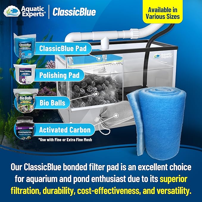 Aquatic Experts Classic Bonded Aquarium Filter Pad -18 Inches by 72 Inches by .75 Inch - Blue and White Aquarium Filter Media Roll Bulk Can Be Cut to Fit Most Filters, Made in USA (18" x 72")
