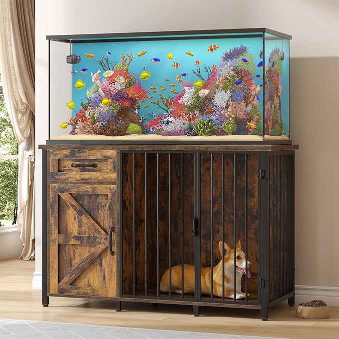 kepptory 55-75 Gallon Fish Tank Stand with Dog Crate, Multifunctional Aquarium Stand with Cabinet and Power Outlets for Larger Aquariums and Versatile Use (Brown)