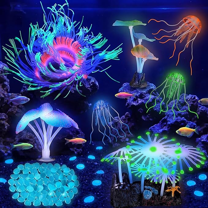 Weewooday 57 Pieces Glowing Fish Tank Decorations Plants with Simulation Silicone Coral Glowing Jellyfish Lotus Leaf Changeable Green Sea Anemone Luminous Stones for Aquarium Fish Tank Ornament