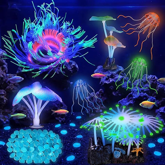 Weewooday 57 Pieces Glowing Fish Tank Decorations Plants with Simulation Silicone Coral Glowing Jellyfish Lotus Leaf Changeable Green Sea Anemone Luminous Stones for Aquarium Fish Tank Ornament