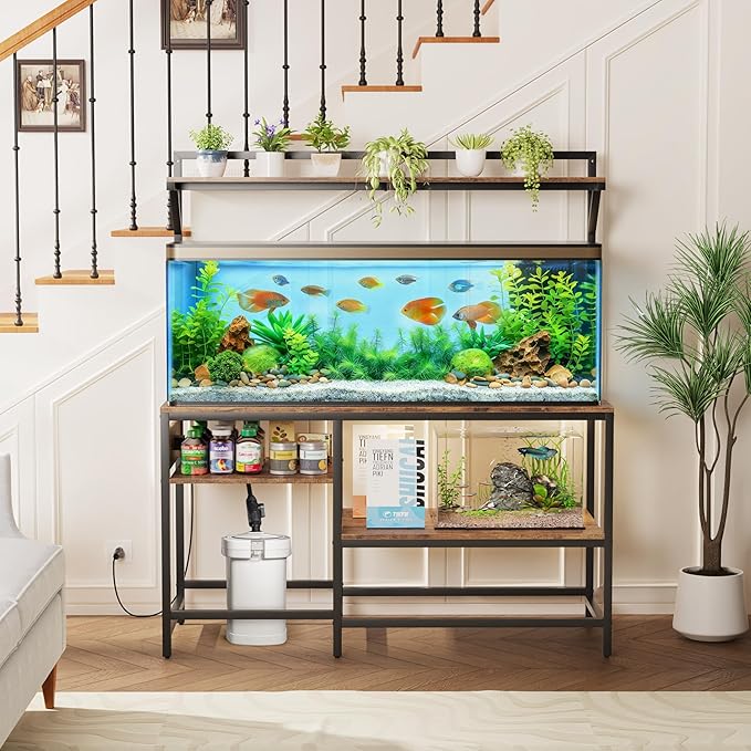55 Gallon Fish Tank Stand, Aquarium Stand with Power Outlet, Heavy-Duty Reptile Terrarium Stand Table with Top Shelf for 55 Gallon Standard Long-Type Model, 52" L x 19.6" W x 29.9" H(Brown)