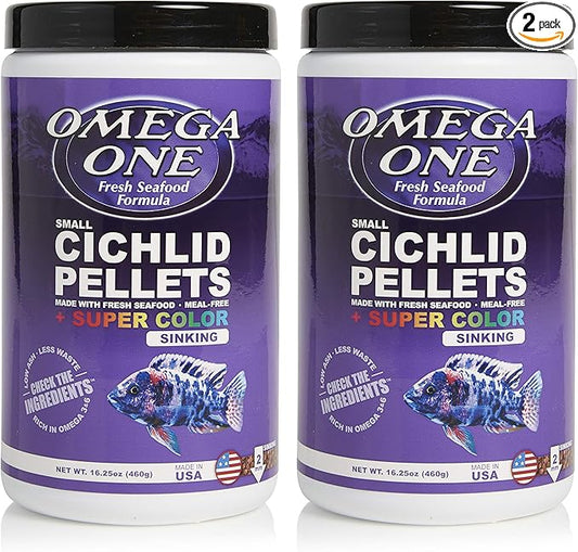 Omega One Super Color Sinking Cichlid Pellets, 2mm Small Pellets, 16.25 oz, Pack of 2