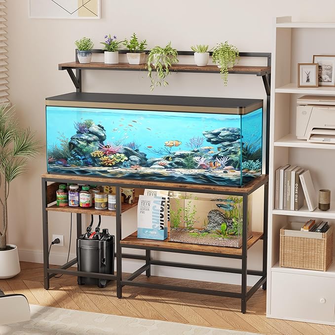 55 Gallon Fish Tank Stand, Aquarium Stand with Power Outlet, Heavy-Duty Reptile Terrarium Stand Table with Top Shelf for 55 Gallon Standard Long-Type Model, 52" L x 19.6" W x 29.9" H(Brown)